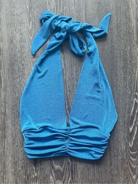 Blue Halter Ruched crop Top